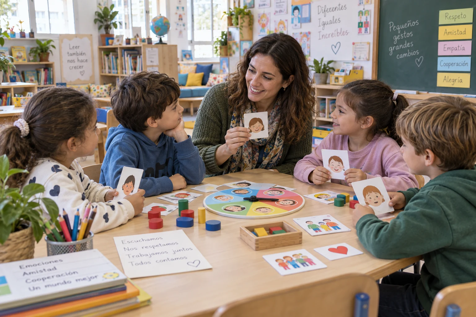 Orientadora acompañando a alumnado de Primaria en el aula